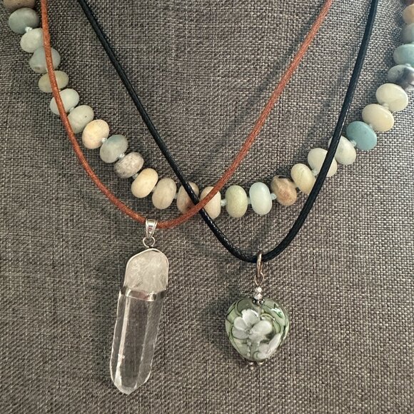 BUNDLE (3) Clear Quartz, Knotted Amazonite, Hand Blown Heart Pendant Necklaces - Picture 4 of 11